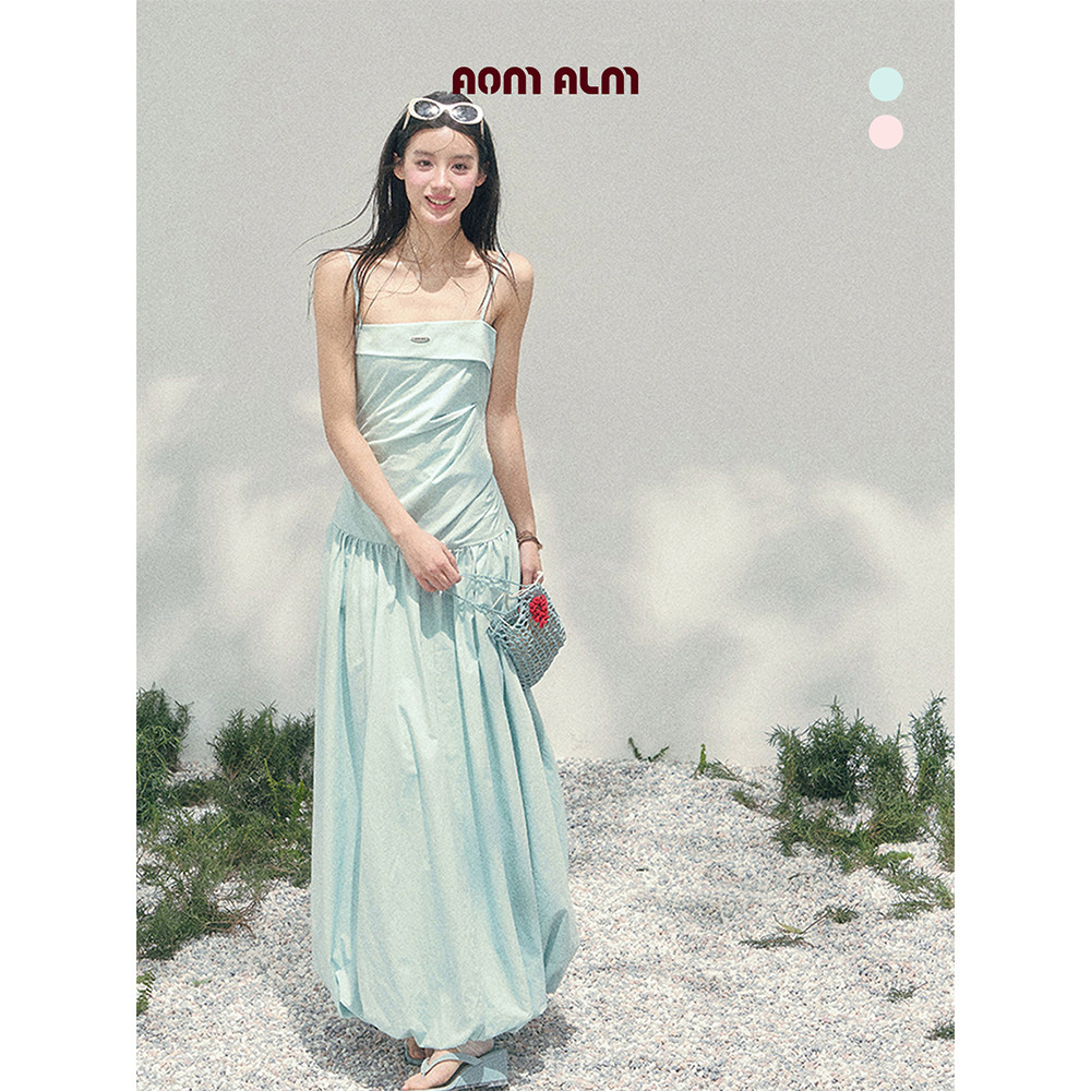 AOMALM少也眼"她路过花期"%海边度假吊带连衣裙女春收腰花苞长裙