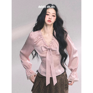 女秋长袖 AOMALM少也眼 蕾丝条纹衬衫 %高级法式 显瘦上衣 洛莉甜茵