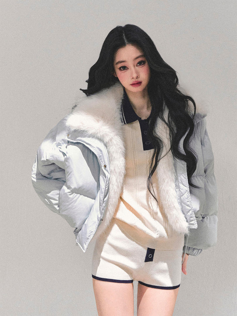 Model wearing a light gray puffer jacket over a cream knit outfit
