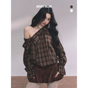 女秋季 AOMALM少也眼 斜肩蝴蝶结格子衬衫 %法式 宽松上衣 利兹新贵