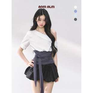 悉尼学姐 通勤衬衫 %法式 T恤女夏季 白色上衣 斜肩短袖 AOMALM少也眼