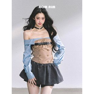 美式 %假两件一字肩长袖 辣妹T恤女秋上衣 克洛伊少女 AOMALM少也眼