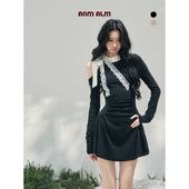 缠绕 余温 %假两件法式 AOMALM少也眼 蕾丝露肩连衣裙女春季 短裙