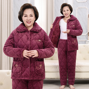 冬季三层夹棉中老年睡衣女特厚蛋糕绒保暖家居加厚加绒妈妈套装