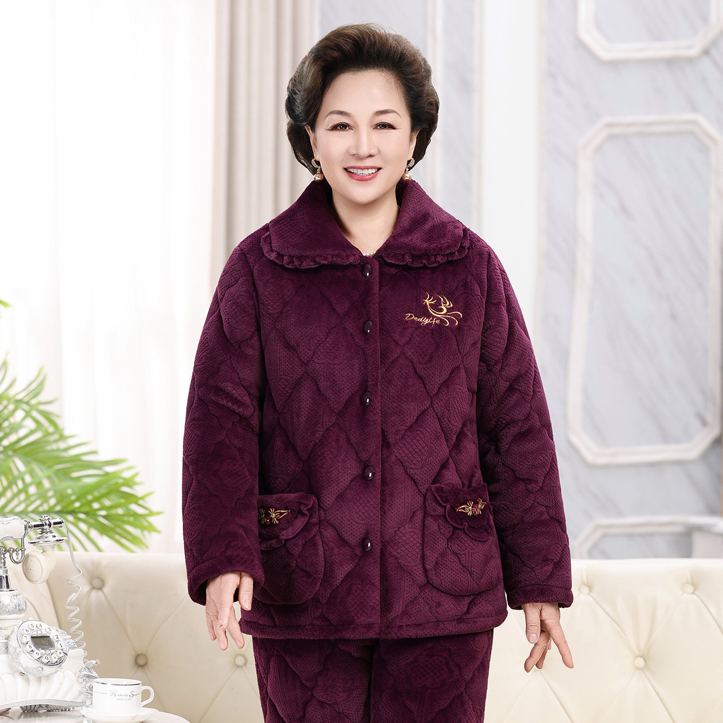 中老年睡衣女士冬季加厚加绒保暖三层夹棉袄妈妈珊瑚绒家居服套装,女士内衣/男士内衣/家居服,睡衣/家居服套装,淘宝优惠券,粉丝福利购,淘宝优惠卷