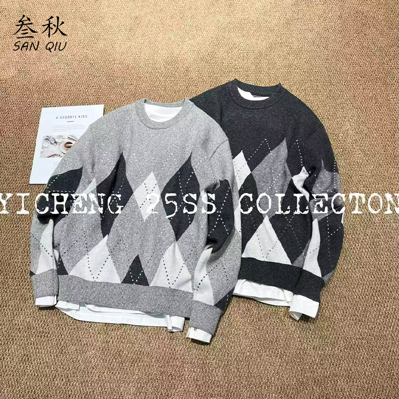 日系菱形格圆领毛衣男生秋冬季