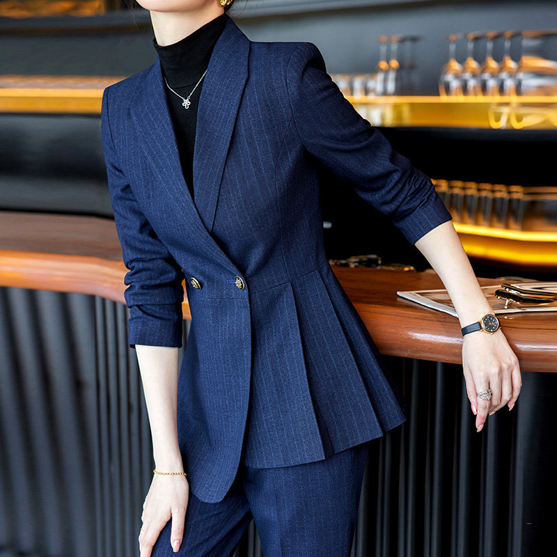 高级感条纹小西装外套女职业工装美容师珠宝店经理工作服西服套装
