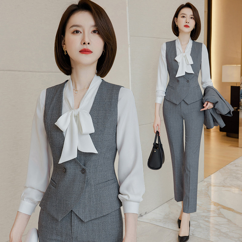 高级感西装马夹外套女工装职业装坎肩美容珠宝灰色工作服马甲套装