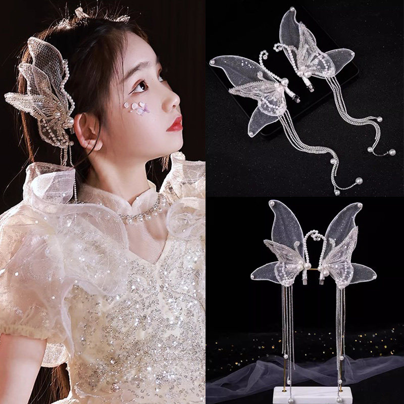 女童头饰珍珠发饰新娘婚纱蝴蝶流苏对夹婚礼生日演出女孩韩式发夹