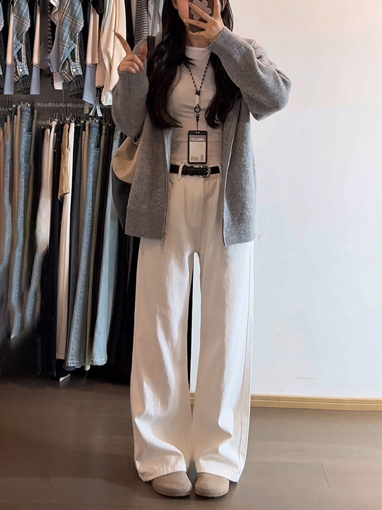 白色直筒牛仔裤男女款秋季美式复古vibe风裤子高腰显瘦提档微喇裤