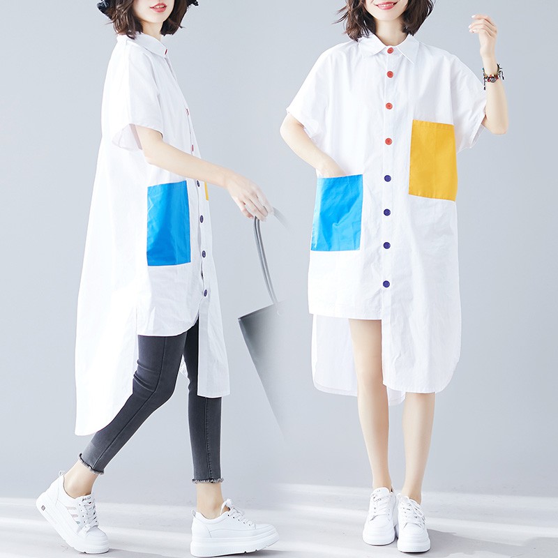 胖人服饰特大号短袖蝙蝠袖方领棉中长款显瘦衬衫衬衣女装宽松夏季