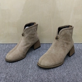 瑕疵清仓处理绒面方头粗跟短靴女秋冬百搭后拉链时尚 靴潮 显瘦时装