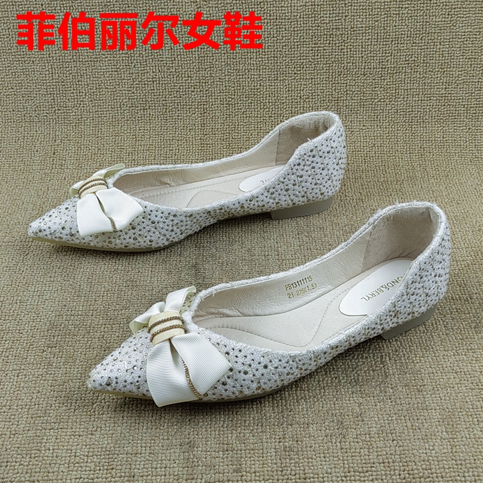 菲伯丽尔3538码撤柜断码春季新款尖头低跟浅口蝴蝶结真皮女单鞋潮