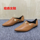 39码 低跟百搭气质女鞋 清仓轻熟风尖头乐福鞋 女棕色金属扣浅口单鞋