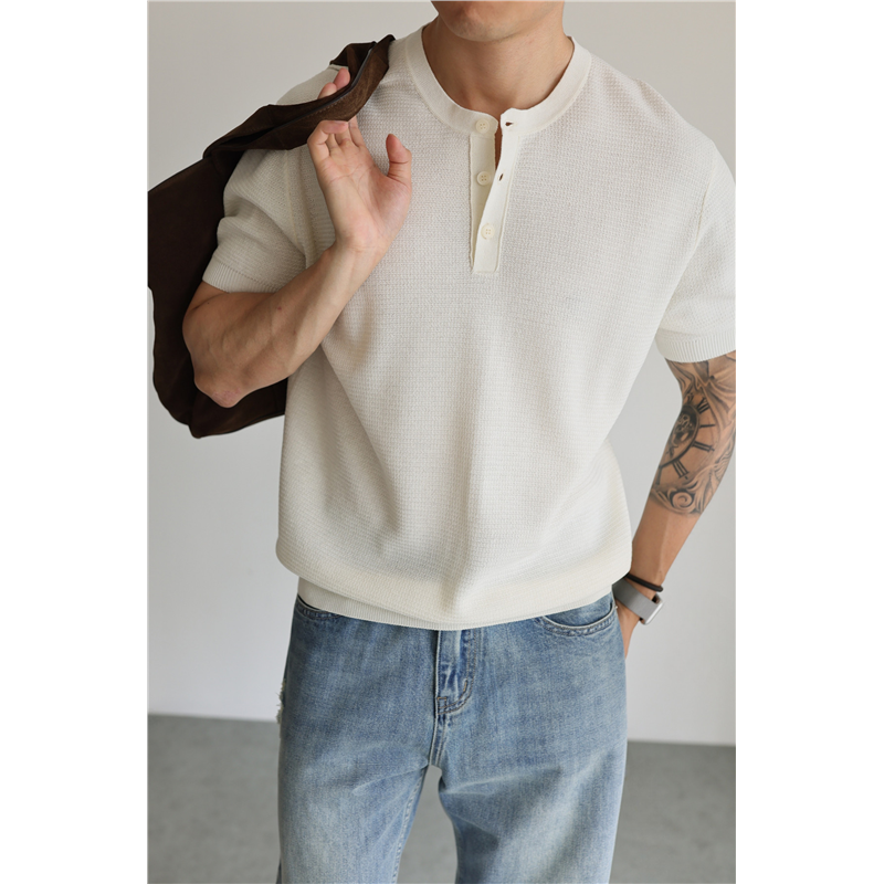 thumbnail for Vintage Old Money Style Solid Color Henry Collar Knit Short-Sleeve T-Shirt for Men's Summer Lightweight Breathable Half-Sleeve Polo Shirt