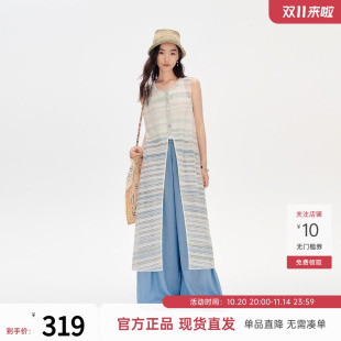 新款 女2025夏季 轻薄款 宽松长款 飞鸟和新酒条纹无袖 休闲毛衫 开衫