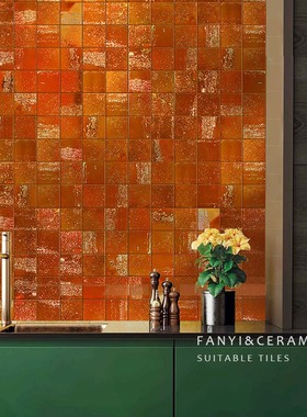 佛山新品金属釉面砖电镀小方砖橙色瓷砖工业风卫生间KTV商铺墙砖