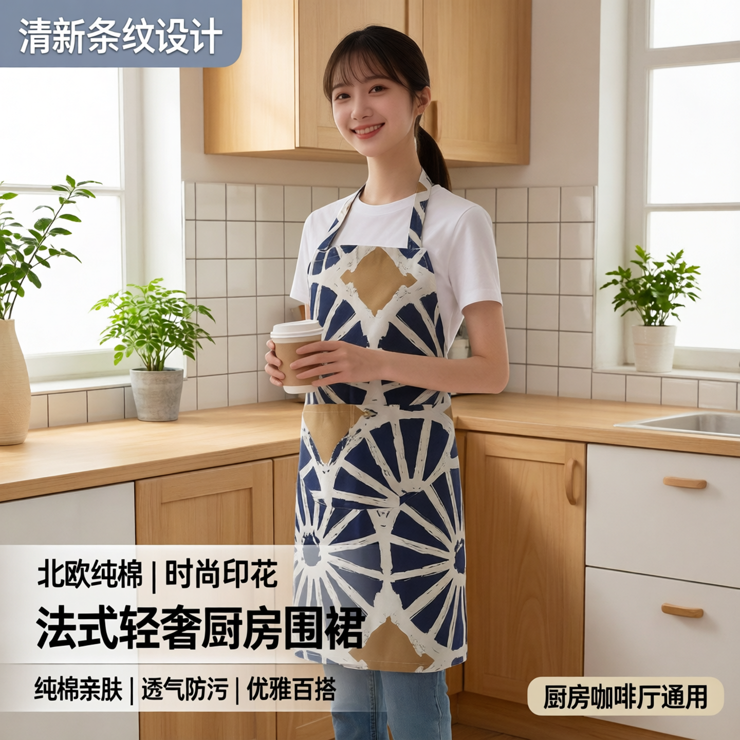 北欧清新条纹纯棉吊带围裙厨房半身裙咖啡厅印花围裙法式轻奢时尚