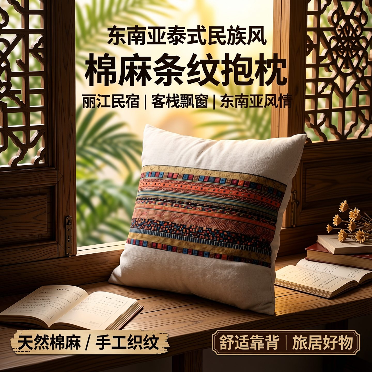 东南亚泰式民族风条纹棉麻抱枕沙发靠垫丽江民宿客栈飘窗靠背靠枕