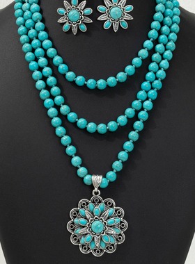 欧美跨境新款复古三层花朵耳饰松石耳环 西部风夸张松石佛珠项链