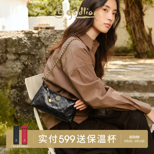 金利来轻奢单肩包女新款链条时尚小众油蜡真皮斜挎包百搭腋下包潮