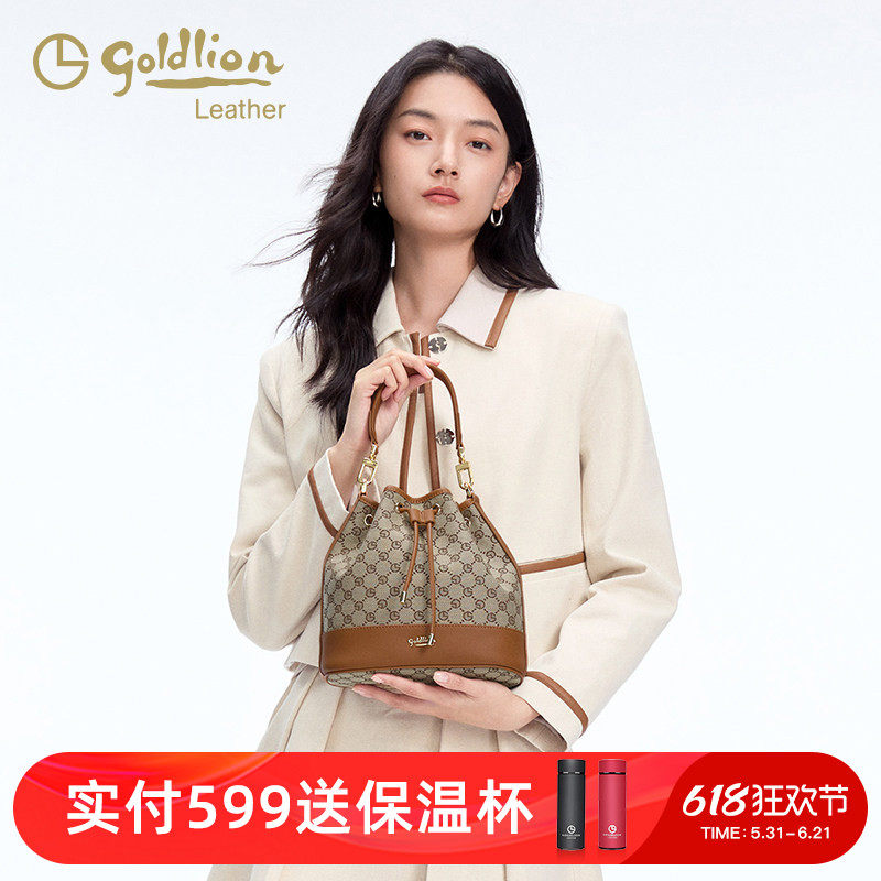 金利来复古女包2026新款老花手提水桶包小众百搭印花单肩斜挎包包