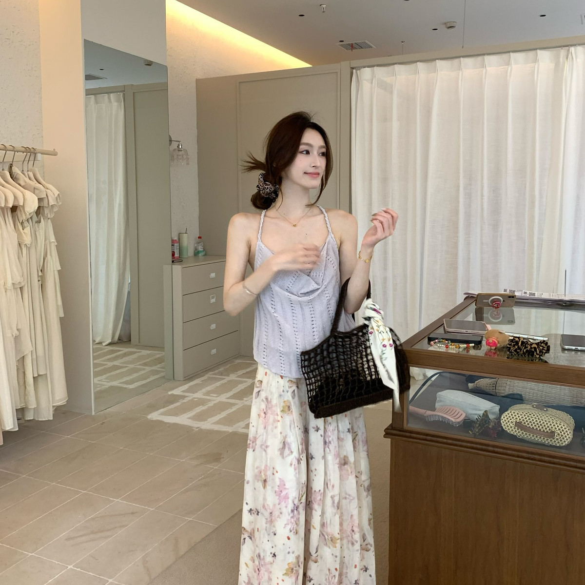 温柔清新花卉印花宽松飘逸长款阔腿裤休闲裤