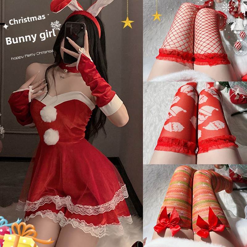 圣诞节丝袜女纯欲蕾丝边红色长筒过膝大腿袜性感兔女郎制服连衣裙