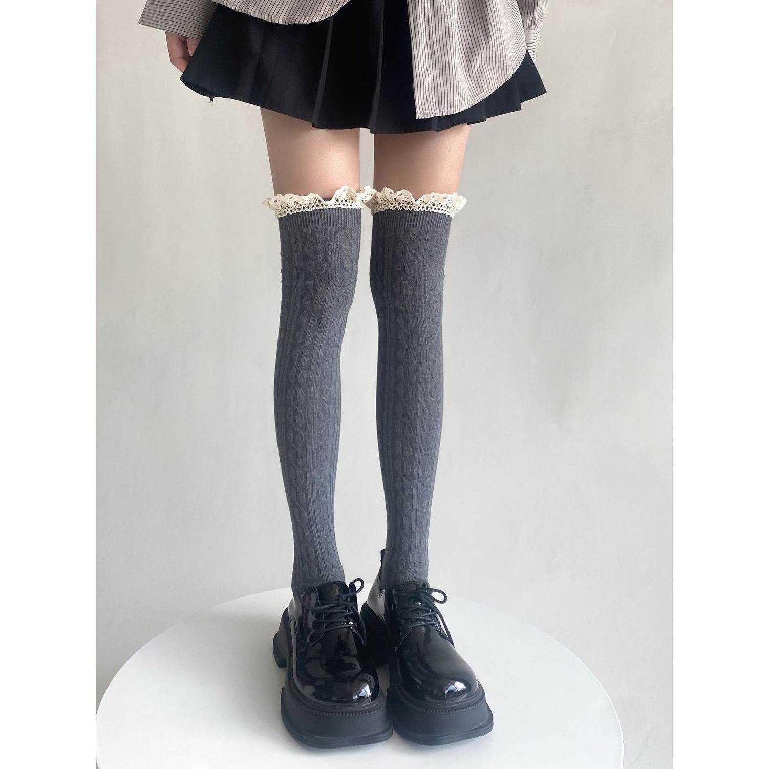蕾丝花边过膝袜子女秋冬jk长筒袜甜美洛丽塔lolita麻花灰色大腿袜
