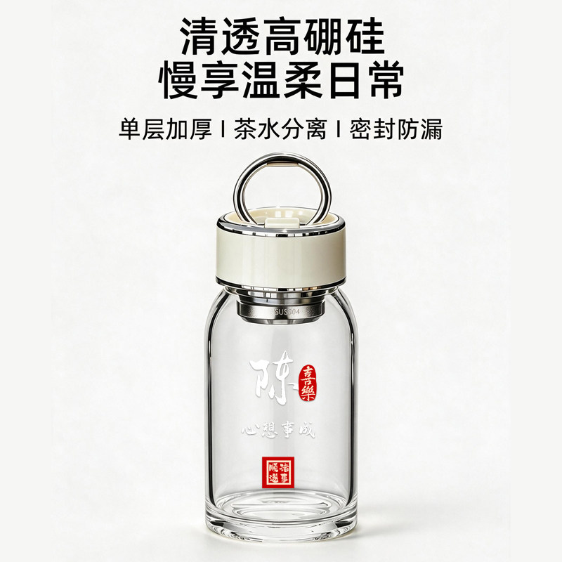 古丽兰高硼硅茶水分离提手玻璃杯图片
