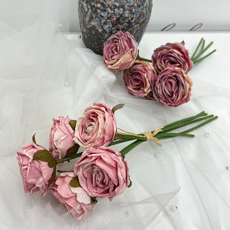 仿真花把束烤邊開心玫跨境手扎玫瑰花假花焦邊玫瑰絹花餐桌裝飾花