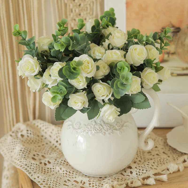 仿真花尤加利玲珑玫假花餐桌小玫瑰绢花小把蔷薇酒店装饰花