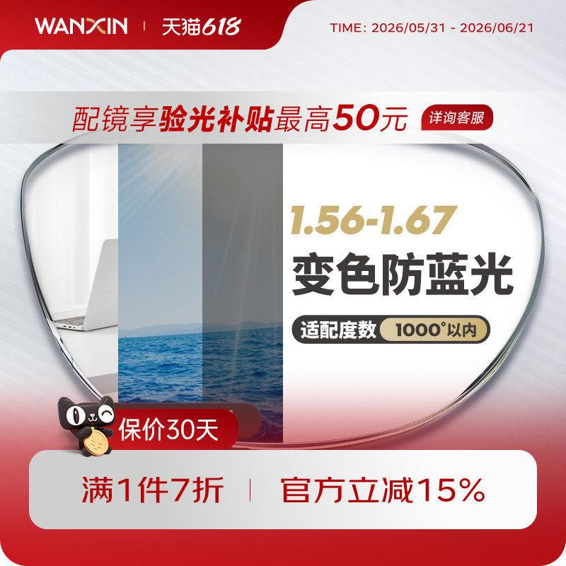 万新防蓝光变色近视镜片自动感光变色抗紫外线辐射可配无度数眼镜