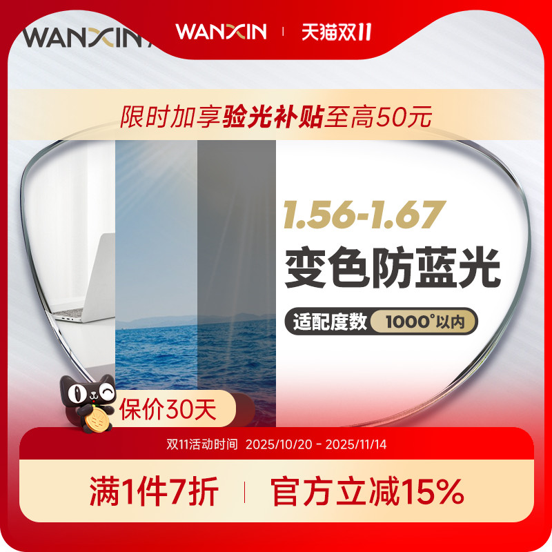 万新防蓝光变色近视镜片自动感光变色抗紫外线辐射可配无度数眼镜