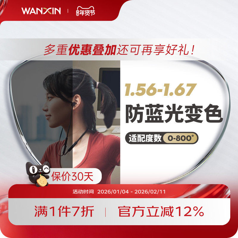 万新防蓝光变色镜片自动感光变灰非球面1.67超薄近视眼镜官方旗舰