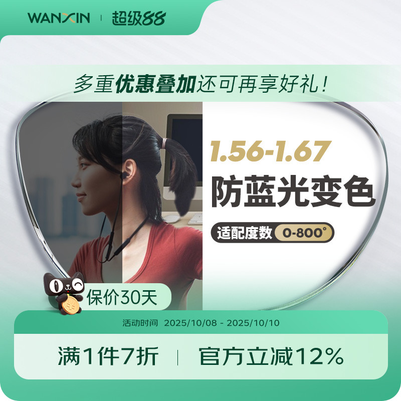 万新防蓝光变色镜片自动感光变灰非球面1.67超薄近视眼镜官方旗舰