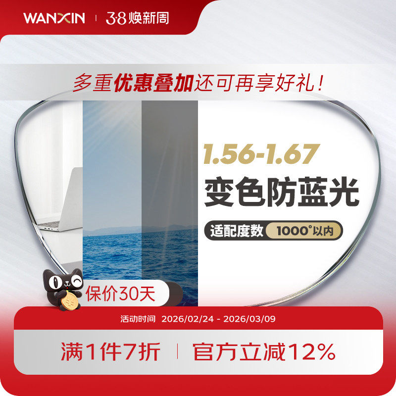 万新防蓝光变色近视镜片自动感光变色抗紫外线辐射可配无度数眼镜