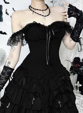 X25137暗黑蕾丝吊带上衣 亚文化夏季新款百搭上衣性感接头辣妹风