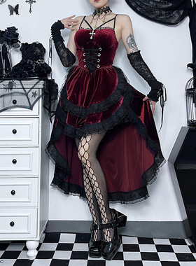 JY23429夏季新款 暗黑性感辣妹修身挂脖绑带收腰拖摆连衣裙女