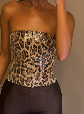 51921欧美豹纹珠片高腰小背心外贸裹胸拉链性感时尚上衣女装