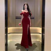 高端轻奢名媛风一字肩抹胸连衣裙性感气质优雅修身 鱼尾裙 御姐长款