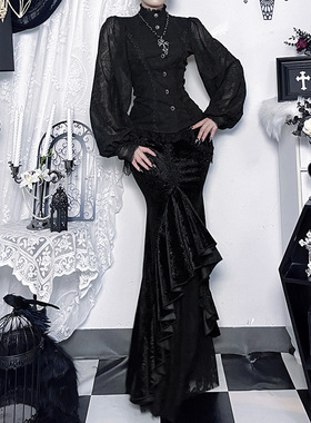 X25295亚文化新款暗纹提花刺绣衬衫 暗黑锁骨链女哥特朋克上衣