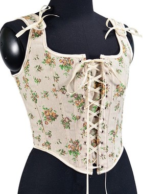 21628前绑带法式黄色蔷薇印花复古鱼骨胸衣短款背心