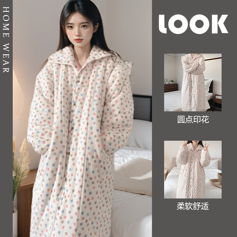 网红风波点空气棉女士睡衣秋冬款加绒加厚家居服中长款睡袍可外穿,女士内衣/男士内衣/家居服,睡袍/浴袍,淘宝优惠券,粉丝福利购,淘宝优惠卷