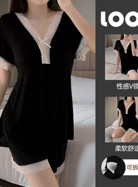 2026新款短袖短裤睡衣女薄款莫代尔冰丝带胸垫夏天黑色家居服套装