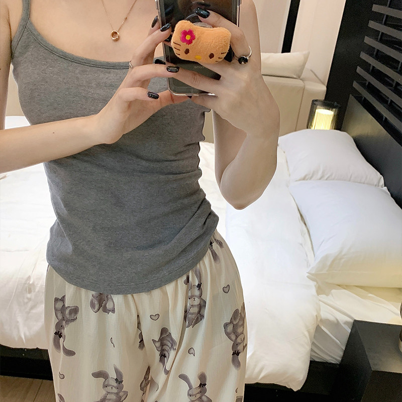 带胸垫睡衣女夏天纯棉吊带背心短裤套装夏季可爱卡通可外穿家居服