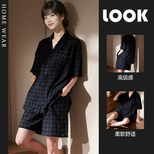 翻领开衫睡衣女夏季复古格子短袖短裤高级感老钱风家居服休闲时尚