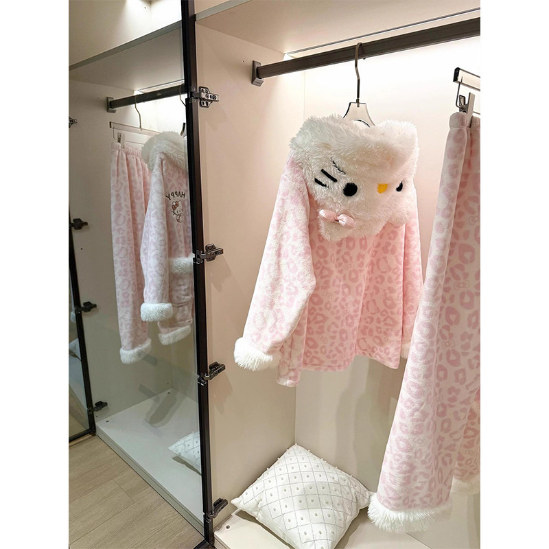 甜美毛绒少女豹纹KT猫珊瑚绒睡衣女冬天开衫连帽长袖法兰绒家居服