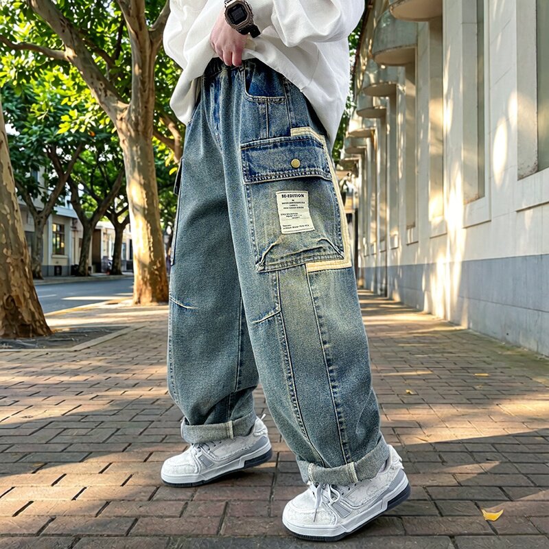 男童秋季宽松直筒裤子2026新款潮中大童工装痞帅牛仔阔腿裤工装风