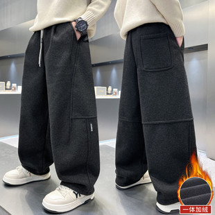 男童一体绒加厚保暖裤子2025新款中大童冬季休闲裤加绒潮牌卫裤冬